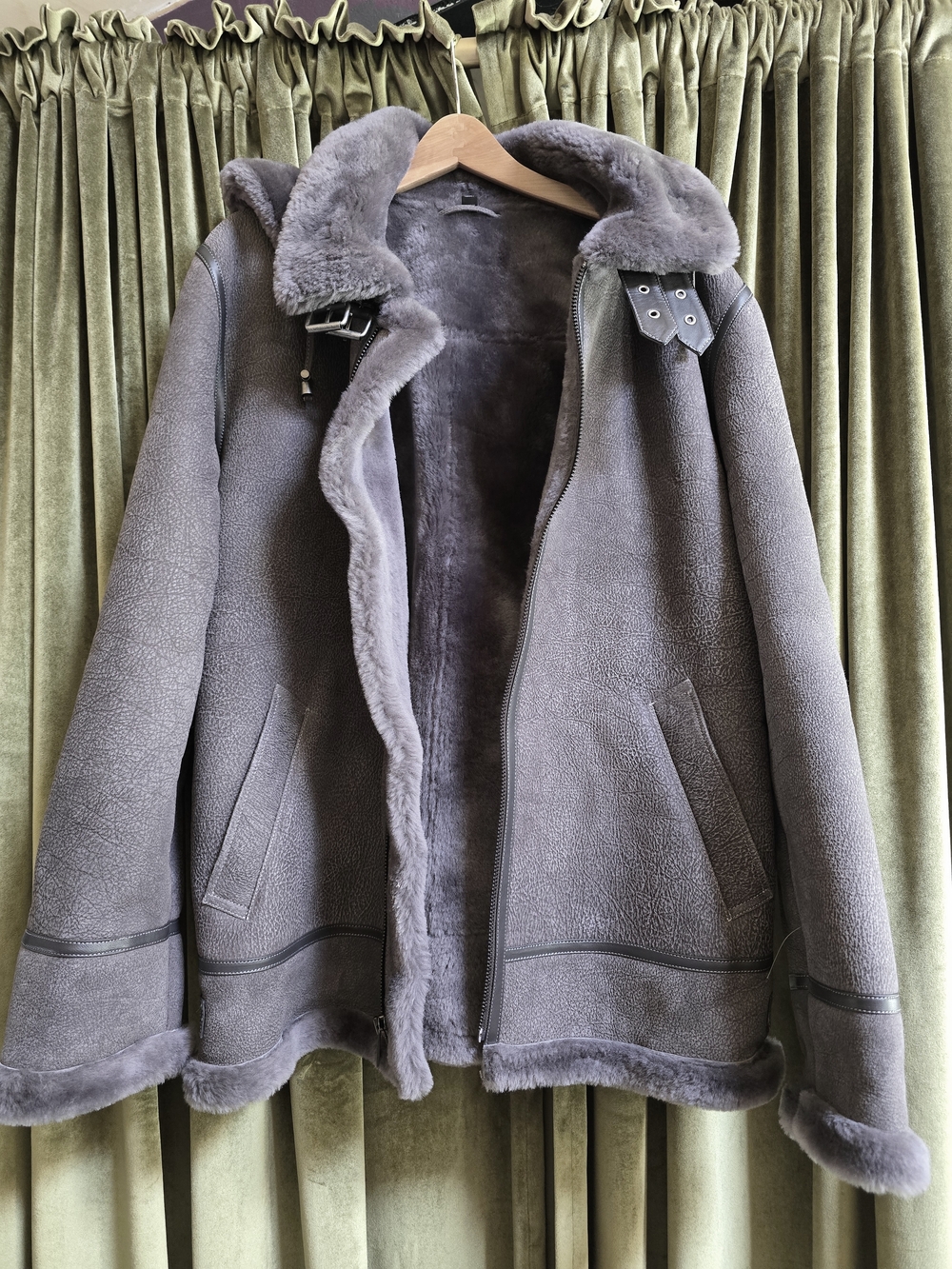 Overland Plush Gray Shearling Hooded Zip-Up Jacket